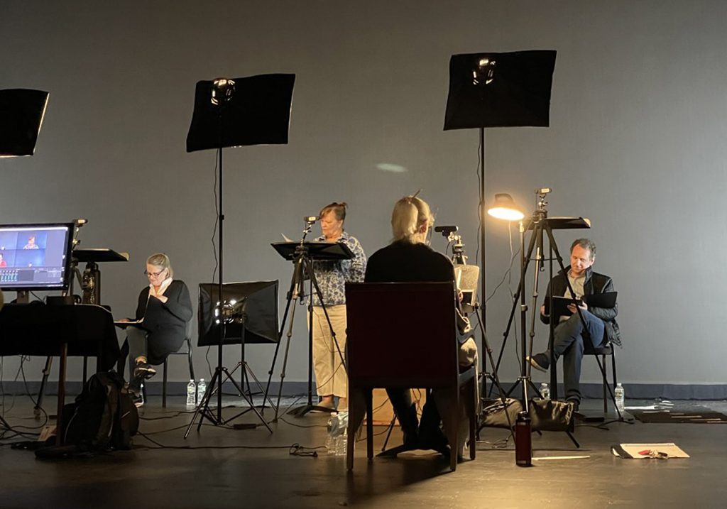 Filming the Script in Hand playreading of “The Savannah Disputation” on the Westport Country Playhouse stage with, L-R, Deirdre Madigan, Tina Johnson, and Brian J. Carter; back to camera, Anne Keefe. Photo by David Dreyfoos